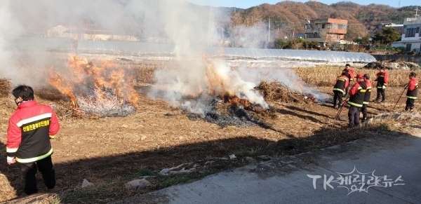 산불전문예방진화대가 영농부산물을 직접 소각하고 있다. 사진=안동시