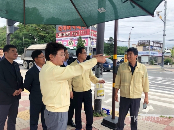 지난해 그늘막 설치현장을 점검하고 있는 권영세 안동시장. 사진=안동시