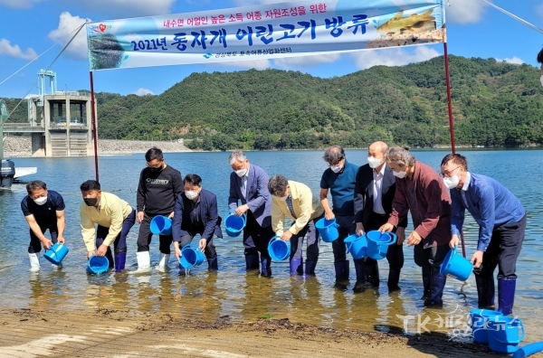동자개 치어 방류. 사진=경북도