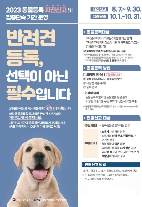 동물 등록 자진신고 기간 운영(포스터). 사진=예천군