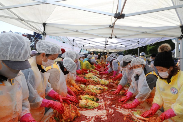 적십자 봉사원과 후원사 임직원들이 취약계층 이웃의 건강한 겨울나기를 위하는 마음으로 정성껏 김장 김치를 만들고 있다.  사진=경북적십자사