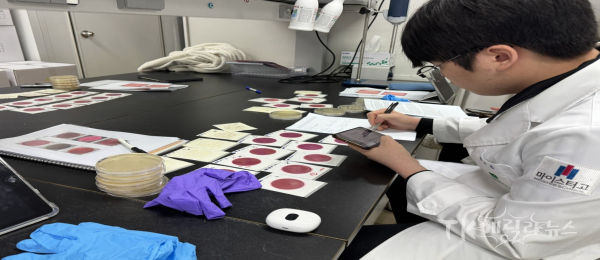 경북바이오마이스터고 학생이 연구원 분석실에서 배지 배양 결과를 확인하며 미생물 분석 실습을 진행하고 있다.  사진=경북바이오산업연구원